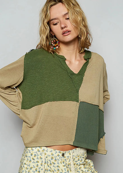 POL Color Block Notched Long Sleeve T-Shirt - Sleekdenim.com