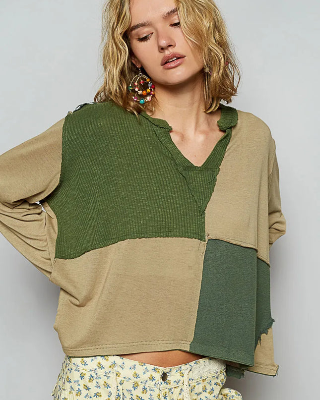 POL Color Block Notched Long Sleeve T-Shirt - Sleekdenim.com