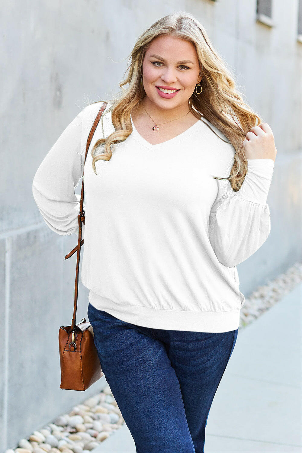 Basic Bae Full Size V-Neck Lantern Sleeve Top White