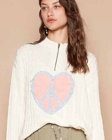 POL Cable-Knit Peace Patch Dropped Shoulder Sweater - Sleekdenim.com