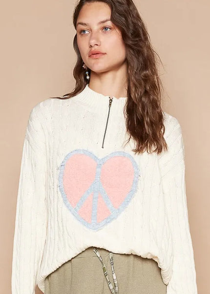 POL Cable-Knit Peace Patch Dropped Shoulder Sweater - Sleekdenim.com