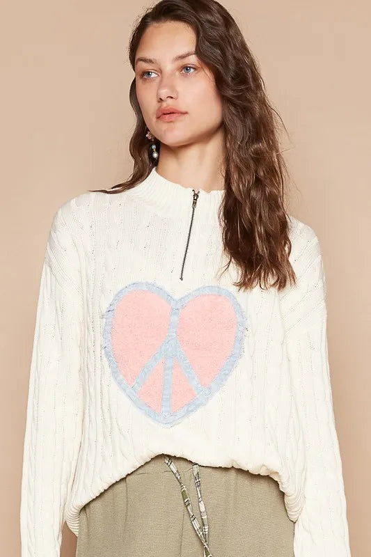 POL Cable-Knit Peace Patch Dropped Shoulder Sweater - Sleekdenim.com