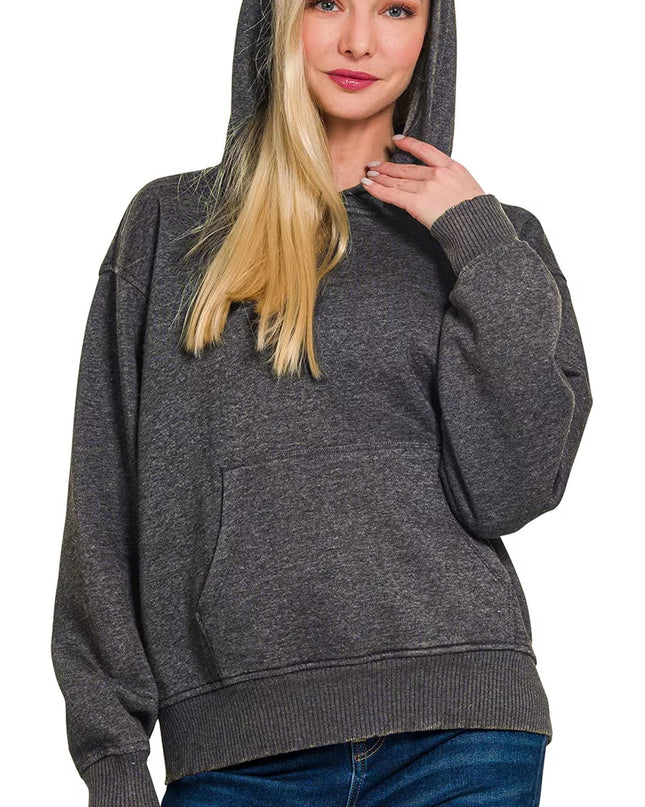 Zenana Fleece Acid Wash Kangaroo Pocket Hoodie - Sleekdenim.com