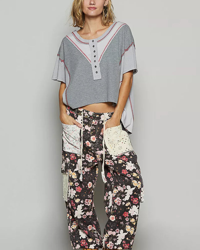 POL Round Neck Short Sleeve Contrast Stitching Top with Back Strap Detail - Sleekdenim.com