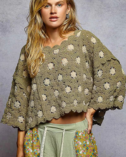 POL Contrast Crochet Cropped Knit Top - Sleekdenim.com