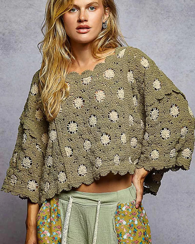 POL Contrast Crochet Cropped Knit Top - Sleekdenim.com