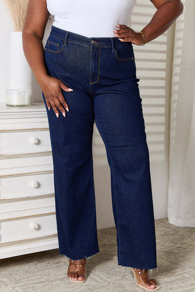 Judy Blue Full Size Raw Hem Straight Leg Jeans with Pockets