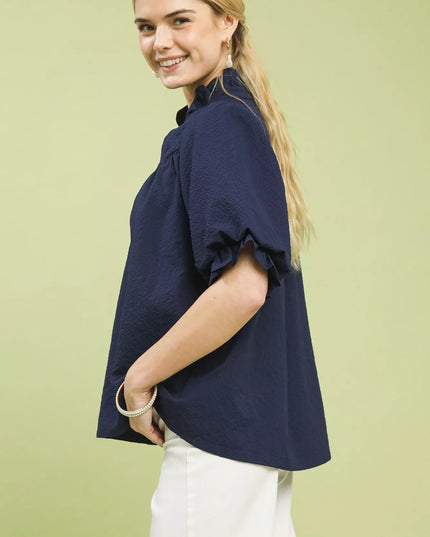 Umgee Textured Smocked Yoke Split-Neck Top - Sleekdenim.com
