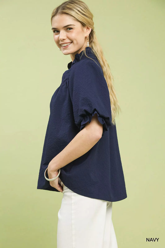 Umgee Textured Smocked Yoke Split-Neck Top - Sleekdenim.com