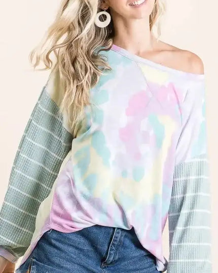 BiBi Tie Dye Terry Top with Wide Stripe Thermal Waffle - Sleekdenim.com