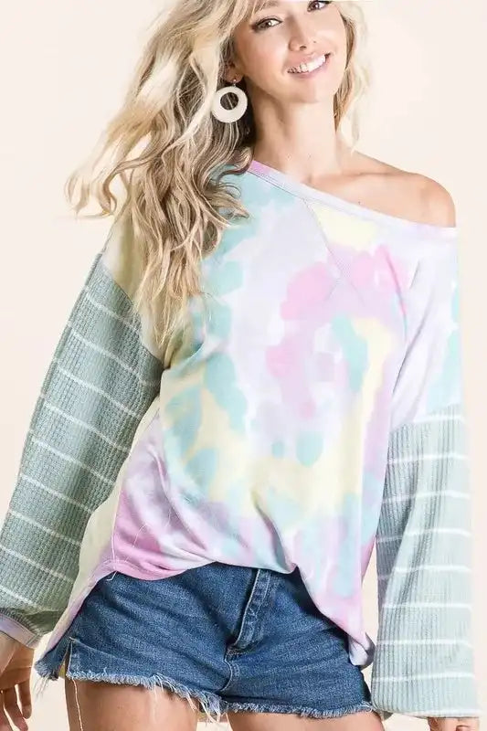 BiBi Tie Dye Terry Top with Wide Stripe Thermal Waffle - Sleekdenim.com