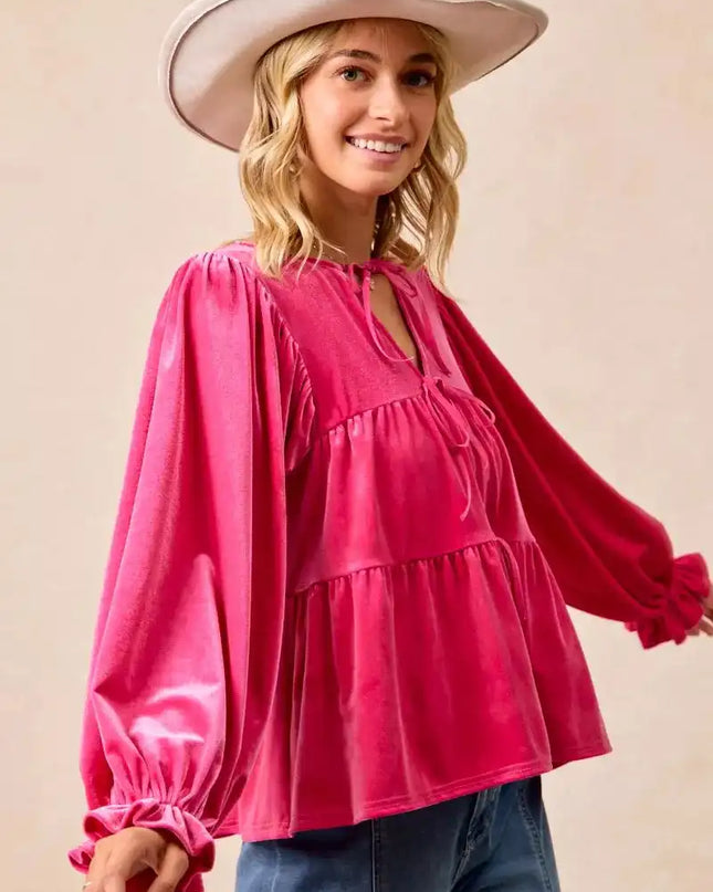 BiBi Christmas Theme Velvet Bow Tied Blouse - Sleekdenim.com