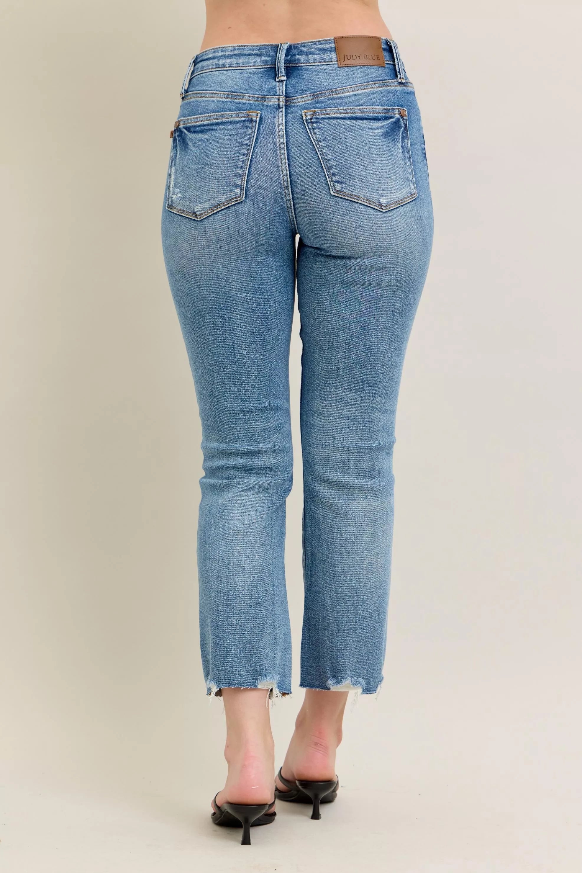 Judy Blue Mid Rise Vintage Wash Destroy Hem Kick Flare Jeans 88979