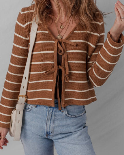 Stripe Tie-Front V-Neck Cardigan Sweater - Sleekdenim.com