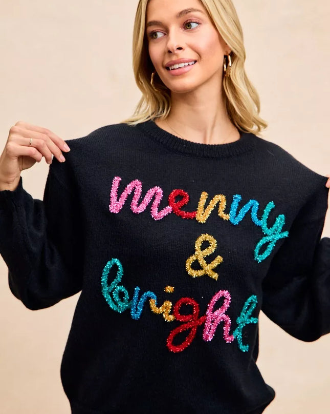 BiBi Tinsel Lettering Christmas Sweater - Sleekdenim.com