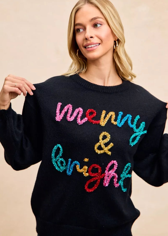 BiBi Tinsel Lettering Christmas Sweater - Sleekdenim.com