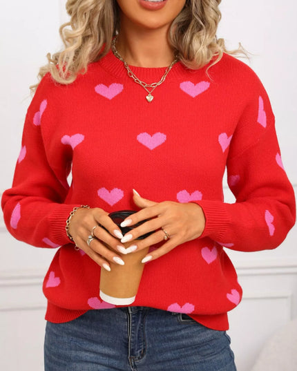 Valentine's Day Heart Pattern Dropped Shoulder Sweater - Sleekdenim.com