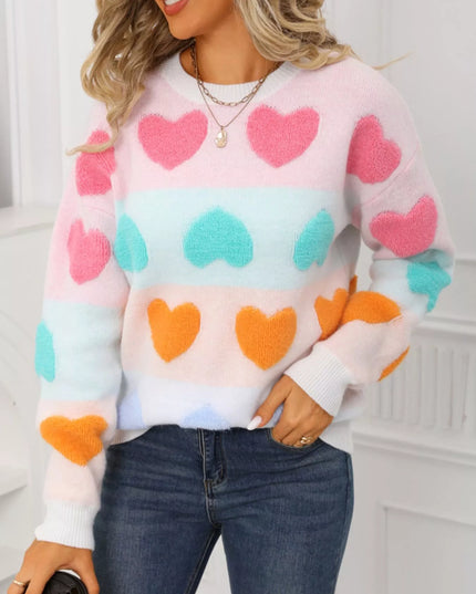 Valentine's Day Heart Pattern Fuzzy Knit Sweater - Sleekdenim.com