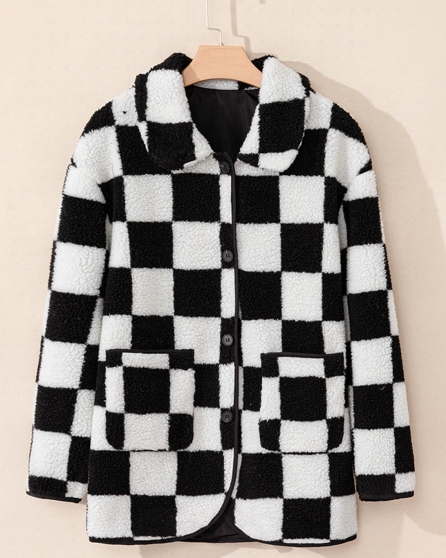Black Checkered Side Pockets Collared Buttoned Fleece Jacket