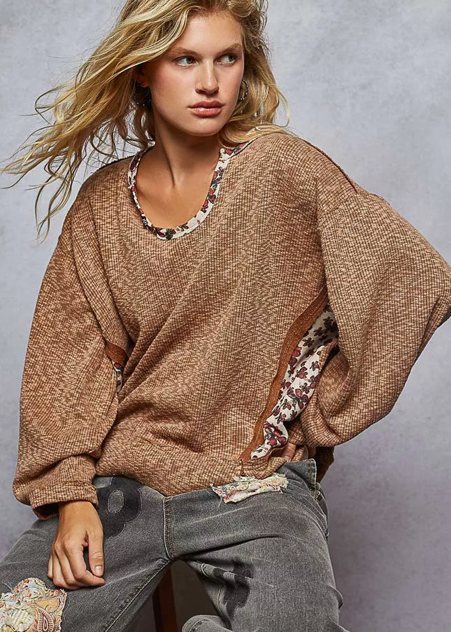 POL Balloon Sleeve Oversized Ribbed Top with Floral Pattern Contrast - Sleekdenim.com