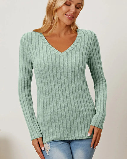 Basic Bae Full Size Ribbed V-Neck Long Sleeve T-Shirt - Sleekdenim.com
