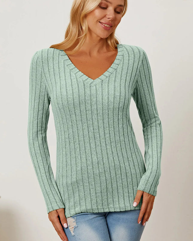 Basic Bae Full Size Ribbed V-Neck Long Sleeve T-Shirt - Sleekdenim.com