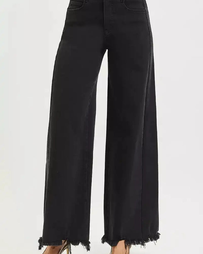 RISEN Tummy Control High Rise Palazzo Leg Frayed Hem Jeans - Sleekdenim.com