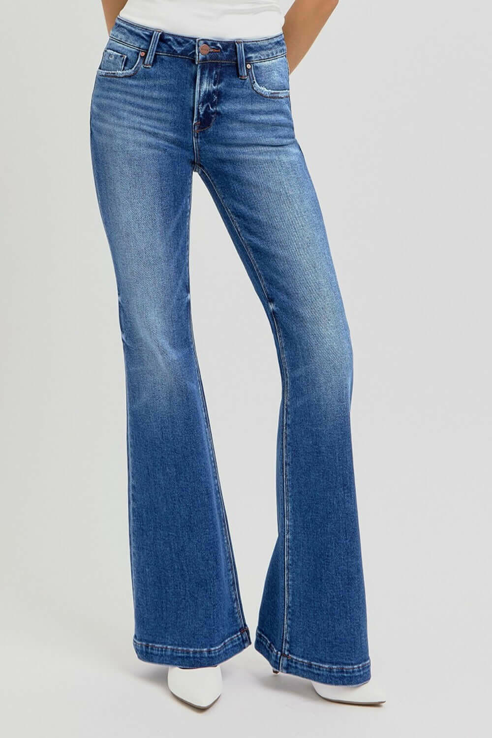 RISEN Full Size Low Rise Flare Jeans with Pockets.