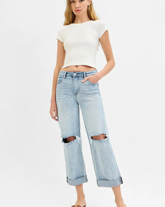 RISEN Full Size Mid Rise Fit Boyfriend Jeans with Cuff Plus Size - Sleekdenim.com