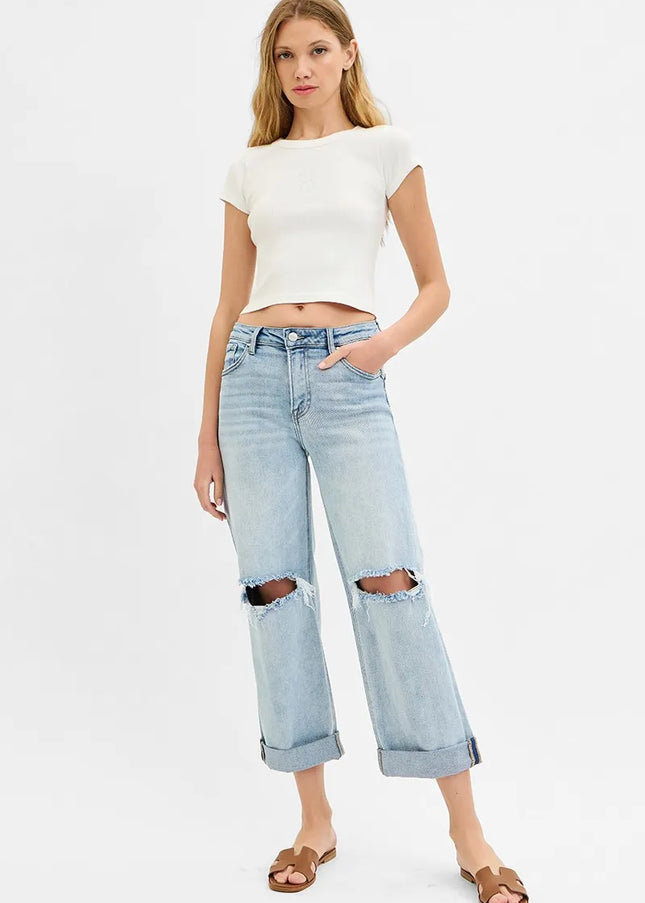RISEN Full Size Mid Rise Fit Boyfriend Jeans with Cuff Plus Size - Sleekdenim.com