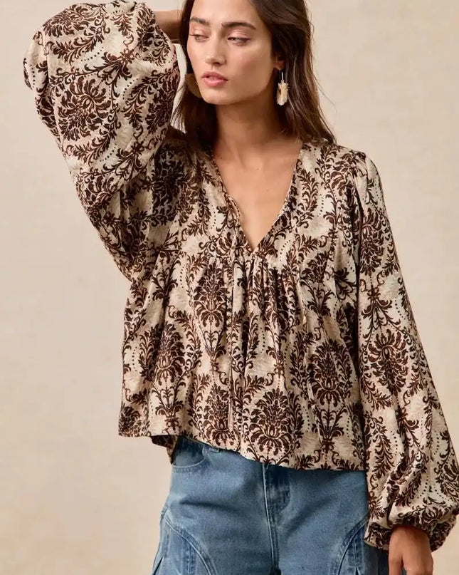 BiBi Printed Woven Front Tied Blouse with Baloon Sleeve - Sleekdenim.com