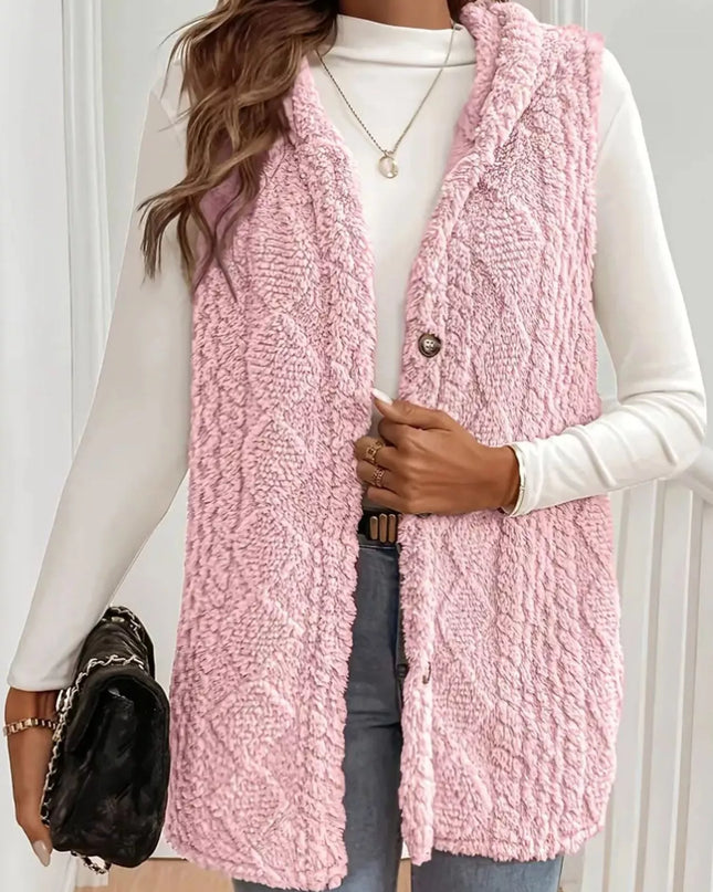 Hooded Button-Up Sherpa Vest Coat - Sleekdenim.com