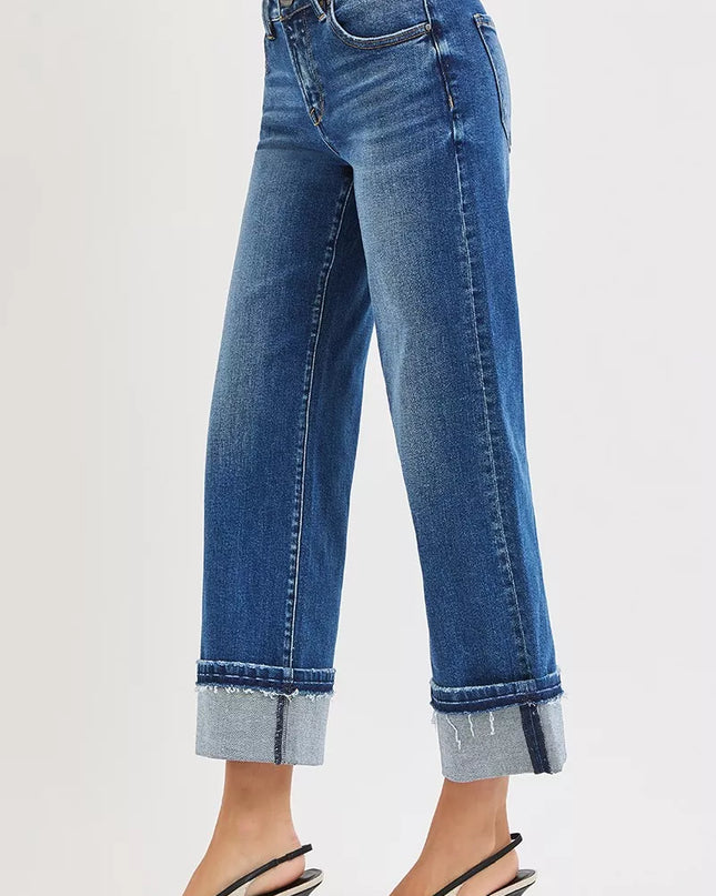 RISEN Mid Rise Ankle Straight Jeans with Cuffed Hem - Sleekdenim.com