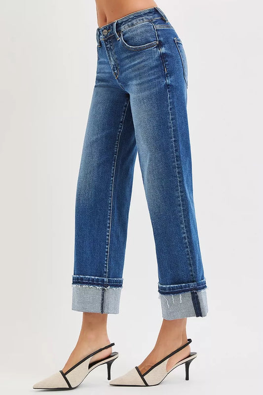 RISEN Mid Rise Ankle Straight Jeans with Cuffed Hem - Sleekdenim.com