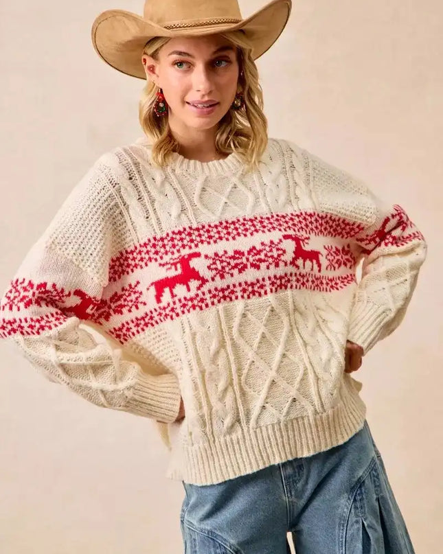 BiBi Christmas Theme Patterned Cable Knit Sweater - Sleekdenim.com