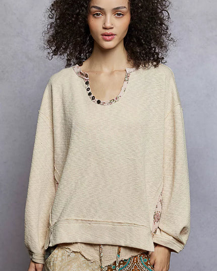 POL Balloon Sleeve Oversized Ribbed Top with Floral Pattern Contrast - Sleekdenim.com