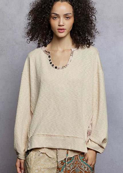 POL Balloon Sleeve Oversized Ribbed Top with Floral Pattern Contrast - Sleekdenim.com