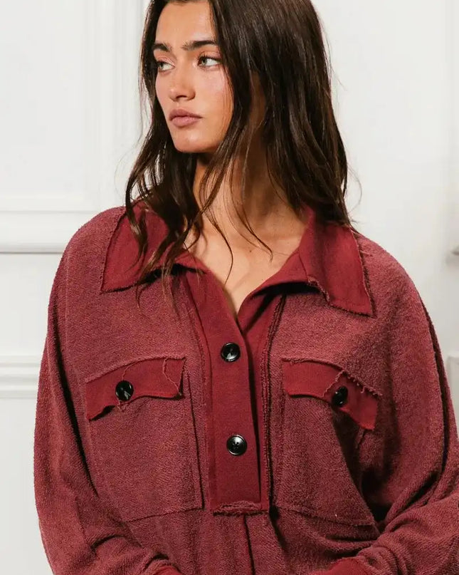 BiBi Cp French Terry Cut Edge Detail Collared Top - Sleekdenim.com