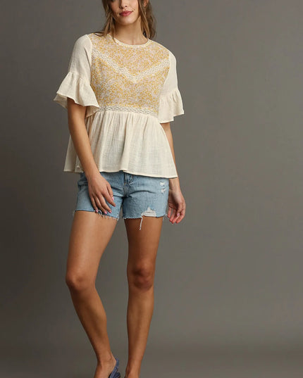 Umgee Floral Lace Trimmed Detail Half Sleeve Babydoll Top - Sleekdenim.com