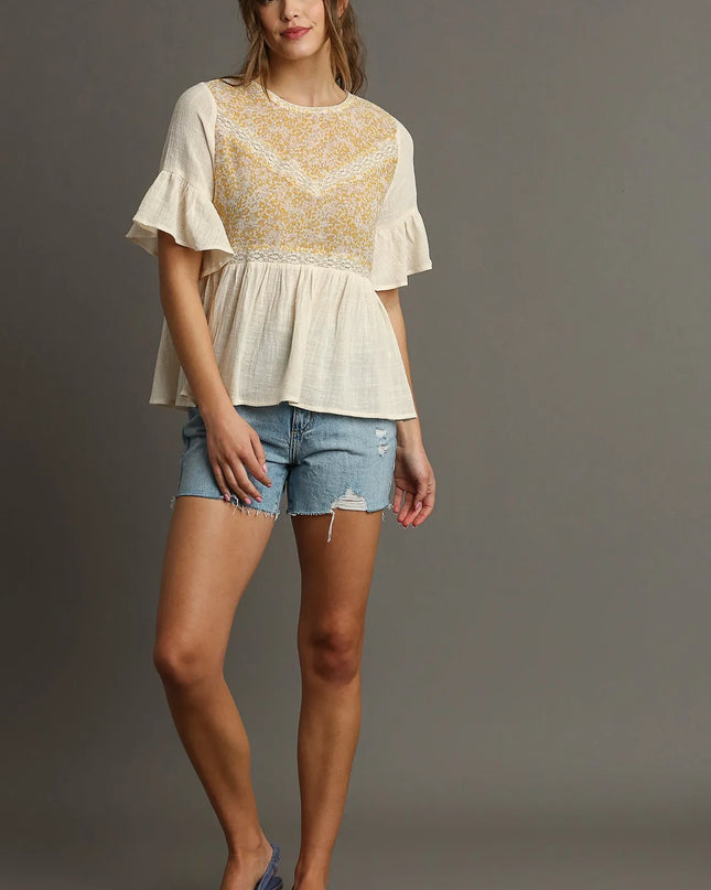 Umgee Floral Lace Trimmed Detail Half Sleeve Babydoll Top - Sleekdenim.com