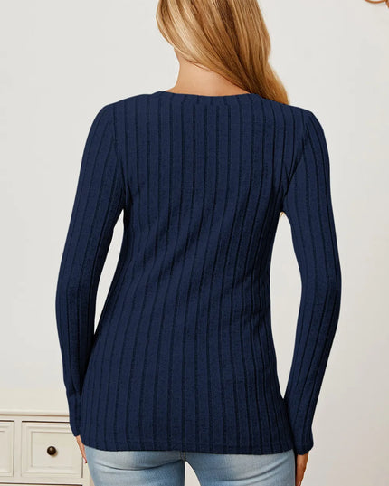 Basic Bae Full Size Ribbed V-Neck Long Sleeve T-Shirt - Sleekdenim.com