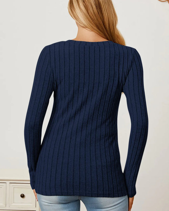 Basic Bae Full Size Ribbed V-Neck Long Sleeve T-Shirt - Sleekdenim.com