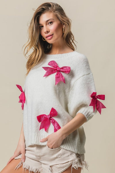 BiBi Sequin Bow Puff Sleeve Sweater | Sleekdenim.com