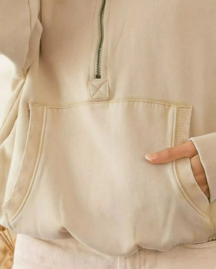 BiBi Stitch Detailed Elastic Hem Half Zip Fleece Hoodie - Sleekdenim.com