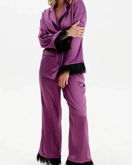 Silky Button Up Top and Pants Lounge Set - Sleekdenim.com