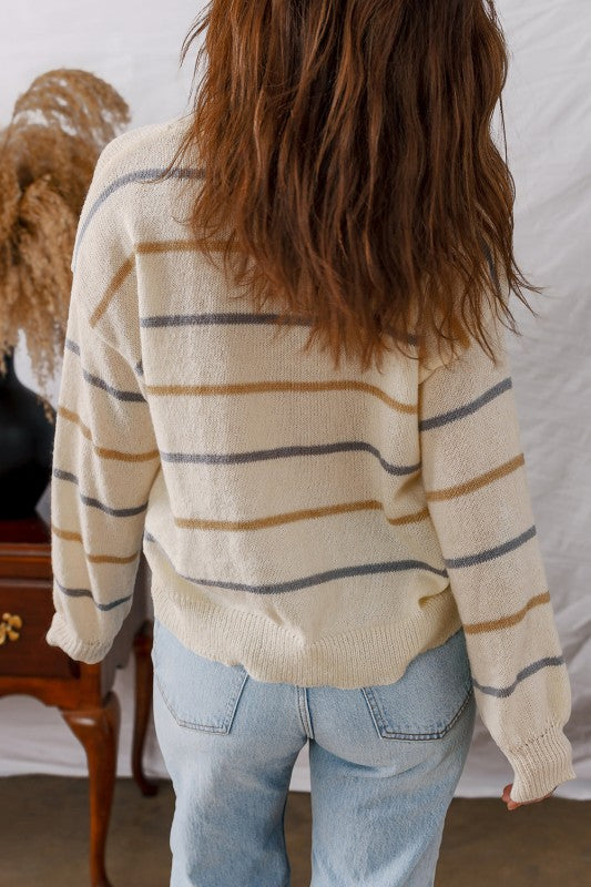 Stripe Buttoned V-Neck Cardigan Sweater - Sleekdenim.com