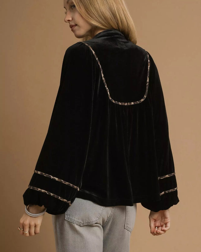 Umgee Velvet Long Sleeve Blouse with Contrast Trim - Sleekdenim.com