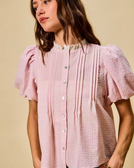 SO ME Gingham Lace Trim Button Bubble Sleeves Blouse - Sleekdenim.com