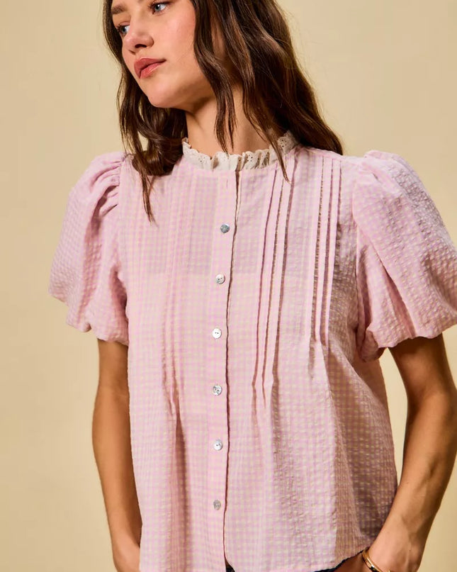 SO ME Gingham Lace Trim Button Bubble Sleeves Blouse - Sleekdenim.com