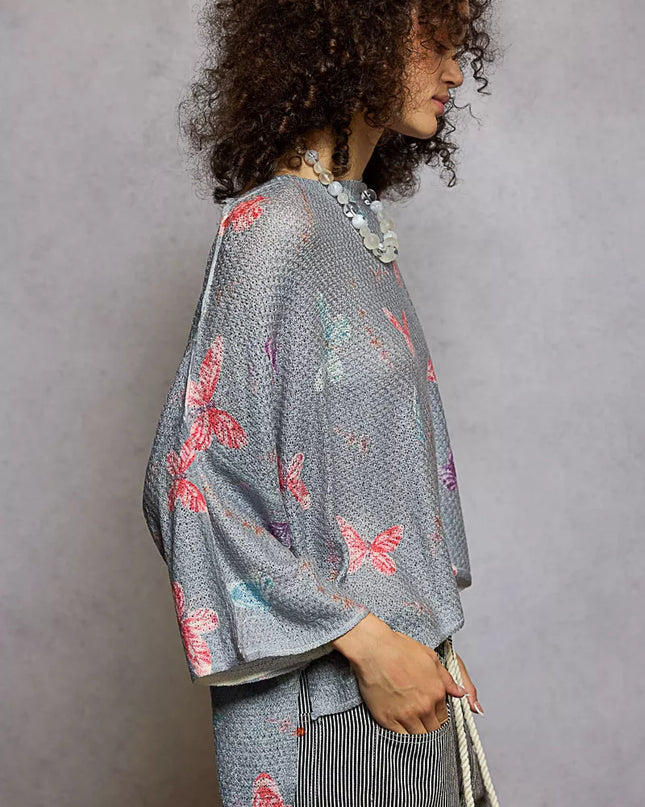 POL Butterflies Pattern Round Neck knit Top with Outseam Rolling Edge - Sleekdenim.com